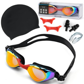 CYFIE Schwimmbrille Unisex für Erwachsene, Anti-Fog Schwimmbrille mit UV-Schutz, Wasserdichte, Selbstjustierender Nasensteg, Silikon Dichtungen, Ideal für Urlaubspools, Strände (Rot-Schwarz)