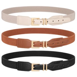 JASGOOD Women 2 Pack Skinny Elastic Belts for Dresses Ladies Thin Stretchy Belts with Square Gold Buckle（Black+Beige）