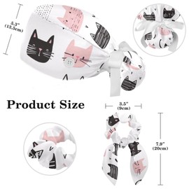 Working Caps with Bow Scrunchies, Doodle Cats Adjustable Surgical Scrub Cap Hair Covers Long Hair