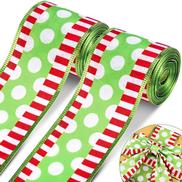 2 Rolls Christmas Ribbon Wired Dots with Stripes Wired Wrapping Colorful Fabric Ribbon Xmas Decorative Ribbons for Christmas Decor Supplies 2.5 Inch (,)
