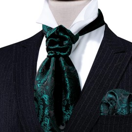 Barry.Wang Men Ascot Tie Set Cravat Paisley Dark Green Silk Scarf Self Necktie Pocket Square Cufflinks Formal Wedding Party Prom