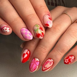 Valentines Press on Nails Short Almond SWEKKE Fake Nails False Nails with Designs Cherry Pink Bow Heart Lips Flower Colorful Glossy Glue on Nails Acrylic Nails for Women Girls 24 Pcs