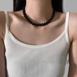 SukAmi 8mm Black Pearl Necklace Women Men Big Pearl Necklace Pearl Choker Faux Pearl Necklace t 43CM