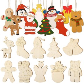 Pack of 30 Wooden Pendants Christmas for Painting, Wooden Christmas Tree Decorations DIY Santa Claus Snowman Angel Wooden Pendant Christmas Decorations Ornaments for Christmas Tree