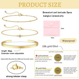 Yamobi 3 Pieces 14K Bracelet Women's Gold Plated Stainless Steel Bracelets Women's Bracelet Set Gold Gold Jewellery Women's Stacking Bracelets Golden Bracelet Women's Gold Jewellery Adjustable, gold