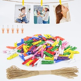 Furuising Pack of 150 Colourful Wooden Pegs, Small, 25 mm Natural Mini Clothes Pegs, Small Wooden Pegs with 10 m Jute Cord and 5 Picture Needles for Hanging Photos, DIY Craft Decoration