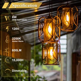 DiCUNO E26 Edison LED Bulb 60W Equivalent, Amber White 2200K, 6W LED Edison Bulb ST64, Amber Glass, Dimmable, Vintage Filament Light Bulbs for Decoration, 6W, E26 Medium Base, 600lm, Pack of 2