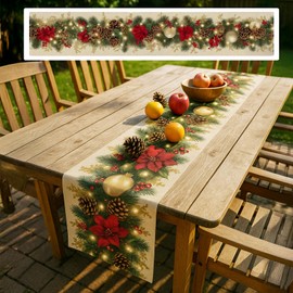 Christmas Table Runner Poinsettia & Pinecones,Linen Kitchen Xmas Table Runners for Dining Table Decor, Seasonal Winter Indoor Outdoor Home Party Decor 13x72 Inch