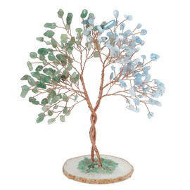 dssmboom Hand Wrapped Wire Crystal Tree of Life with Natural Agate Slice Base, Reiki Healing Stone Money Tree for Feng Shui Home Decoration, Green Aventurine & Aquamarine