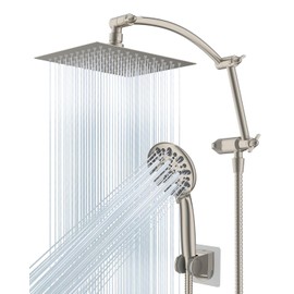 Hibbent All Metal Shower Head, 8'' High Pressure Rain Shower Head/Handheld Showerhead Combo with 16'' Adjustable Arc-shaped Shower Extension Arm, 7-Spray, 71'' Hose Showerhead Holder, Brushed Nickel