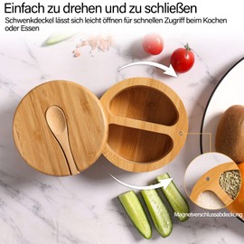 TIHOOK Bamboo Salt and Pepper Box, Bamboo Salt Box, Spice Jars with Lids and Spoon, 2 Compartment Seasoning Box, for Storing Salt, Pepper, Sugar, Spices, or Seasonings