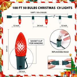 Minetom C9 LED Commercial Outdoor Christmas String Lights - 100 FT Red and Pure White, Waterproof Connectable UL Certified for Indoor Roofline Xmas Decor