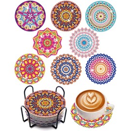 Anvin 8 Pcs Diamond Painting Coasters Kit Mandala Cup Coasters DIY Diamond Art Kits with Diamond Painting Pens, Holders, Cork Base Art Craft Supplies Gift (Mandala A)