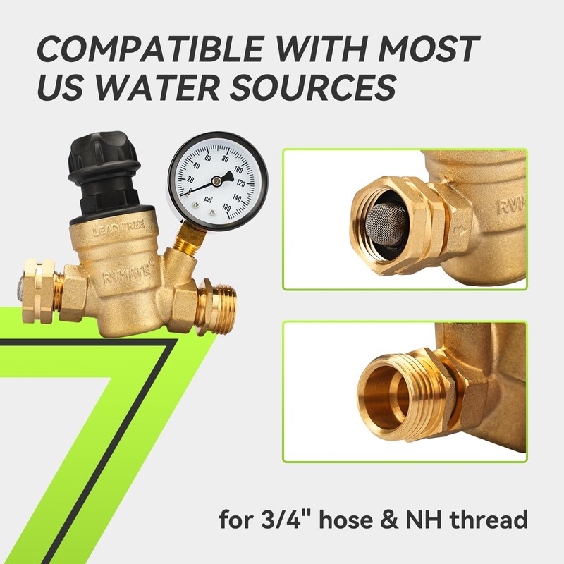 RVMATE RV Water Pressure Regulator with Adjustable Knob, Brass Lead-Free