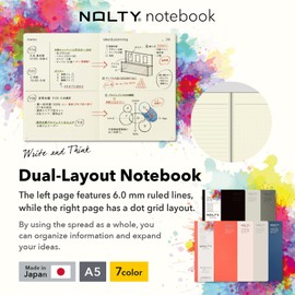 NOLTY Notebook, A5 Lined + Dot Grid, 176 Pages, Made in Japan, Pink