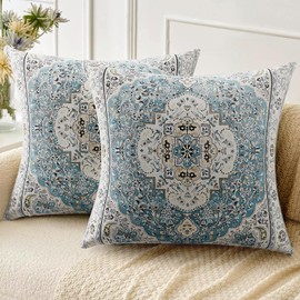ZSYTZL Boho Throw Pillow Covers 16x16 inch Set of 2,Linen Bohemia Carpet Pattern Decorative Living Room Sofa Bed Square Pillow Case Cushion Cover-Light Blue