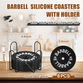 Blushtier 8 Pcs Barbell Bumper Plate Cool Coasters Black Round Silicone Coasters Weight Plate Coaster with Rack Holder for Gym Decoration Gifts for Gym Lovers Gym Accessories Gifts