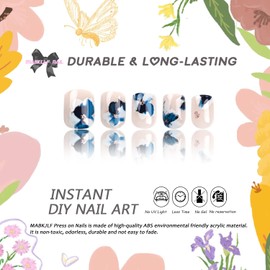 Press on Nails Short Square MABKJLF Fake Nails Pink Full Cover White Blue Flower False Nails with Gold Glitter Designs Glossy Glue on Nails Summer Acrylic Artificial Nails for Women Girls 24Pcs