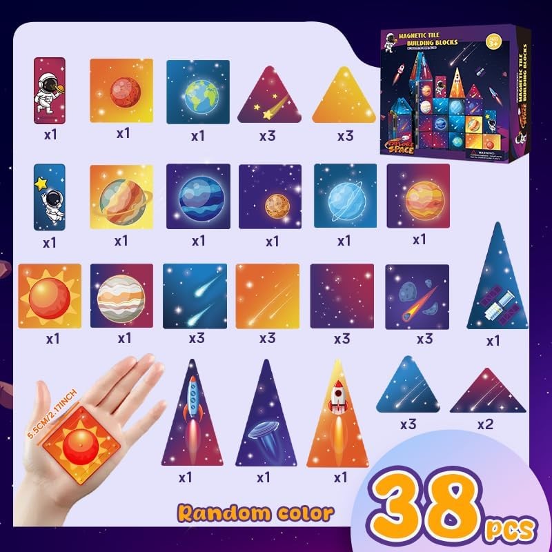 Space Rocket Magnetic Tiles Set, 58Pcs Magnatiles for Kids, Magnet