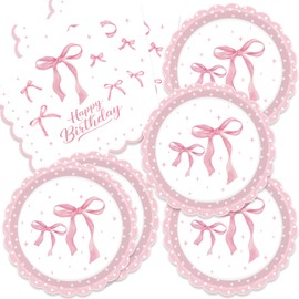 40pcs Pink Bow Birthday Party Supplies Coquette Birthday Decorations Pink Bow Plates and Napkins for Girl Bow Theme Party Baby Shower Bridal Bachelorette Party,Suitable for 20 Guests