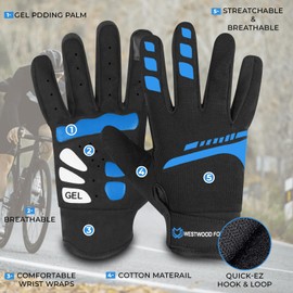 WESTWOOD FOX Cycling Gloves for Men Women, Full Finger, Anti-slip Touchscreen Breathable Mountain Bike Gloves for MTB Riding, BMX, ATV,Road Racing,Bicycle.Climbing and Outdoor Sports (Blue, M)