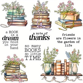 LZBRDY Books & Flowers Theme Clear Stamps & Dies Set - Vintage Book, Plant, and Inspirational Phrases for DIY Scrapbooking, Card Making, and Album Decor
