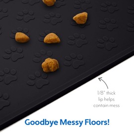 MIGHTY MONKEY 100% Waterproof Dog Food Mat, Raised Edges Silicone Pet Feeding Placemat for Cat, Dogs, Pet Bowls, High Lipped Tray Prevents Water Spills, Food on Floor, Dishwasher Safe, 22x14, Black