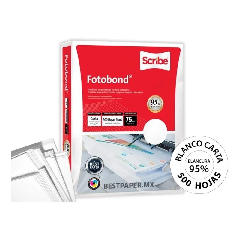 500 Hojas Scribe Papel Fotobond Blanco Carta 95% Blancura 75