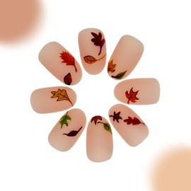 Thanksgiving Press on Nails Oval Short Fake Nails with Maple Leaf Designs Matte Glue on Nails Fall Winter False Nails Nude Pink Artificial Stick on Nails for Women 24Pcs