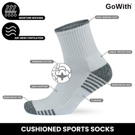 GoWith 2 Pairs Unisex Cotton Cushioned Crew Socks, Moisture-Wicking Lightweight Athletic Striped Golf Socks for Men & Women, White, Large, Model: 3502