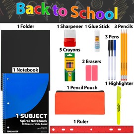 24 Pack Bulk Back to School Supplies for Kids | 20 Piece School Supply Kits in Bulk for Kindergarten, Elementary, K-12 with Notebook, Crayons, Pencils, and More