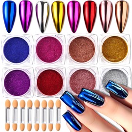 SUTOZMIWE 8 Jars Chrome Nail Powder Metallic Mirror Effect Pigment Holographic Dip Nail Powder for Resin Craft & Gel Polish Nail Art Decoration Fine Glitter Dust Kit for Home DIY Salon Use