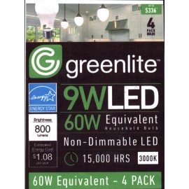 Greenlite 4 Pack 9W LED Light Bulbs GREENLITE 60Watt Equivalent Soft White