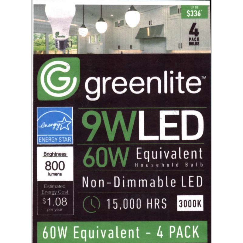 Greenlite 4 Pack 9W LED Light Bulbs GREENLITE 60Watt Equivalent