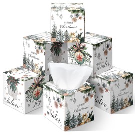 Yeaqee 6 Pack 4.7 in Xmas Tree Merry Christmas Large Facial Tissue Cube Boxes 2 Ply 7.1 x 8.7 in Paper Facial Tissues Cube Box Ball Gloves Hello Winter Decoration for Xmas Home Bathroom Kitchen