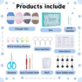 FREEBLOSS 4set Crochet Animal Keychain Crochet Elephant Keychain Kit with Video Tutorial Crochet Kit for Beginners Elephant Crochet Starter Kit for Adults Beginners Crochet Supplies