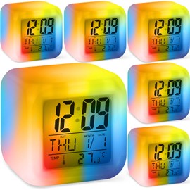Landical 6 Pcs Digital Alarm Clocks with 7 Color Changing Night Light, Battery Operated Small Alarm Clock for Bedroom, Bedside Cube Clock with Date, Temperature, Night Light Clocks