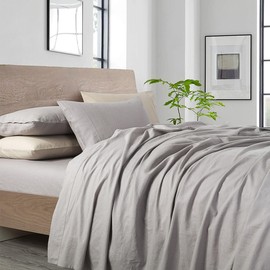 Royal Hotel Bedding Vintage Belgian Flax Linen and Cotton Blend Sheet Set, Hypoallergenic Pre-Washed Linen Cotton, Cool Breathable Percale Weave 150 GSM - 4pc Bed Sheet Set, Queen, Gray