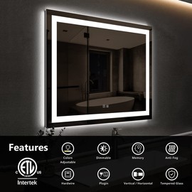 ROOMTEC 30 * 30 Inch LED Bathroom Mirror Front Lighted Vanity Mirror Home Decor with Dimmable Touch Button & Anti-Fog Function Makeup Mirror with Light
