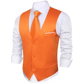 Barry.Wang Orange Vest for Men Business/Leisure Dress Suit Vests V-neck 2 Pockets Wedding Party Tuxedo Waistcoat Big and Tall