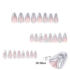 LPOODDNU Almond Press on Nails Medium Length Fake Nails Silver 3D Effect Full Cover Stick on Nails Glossy False Nails Cute Medium Almond French Nails Press ons for Women Girls 24 Pcs