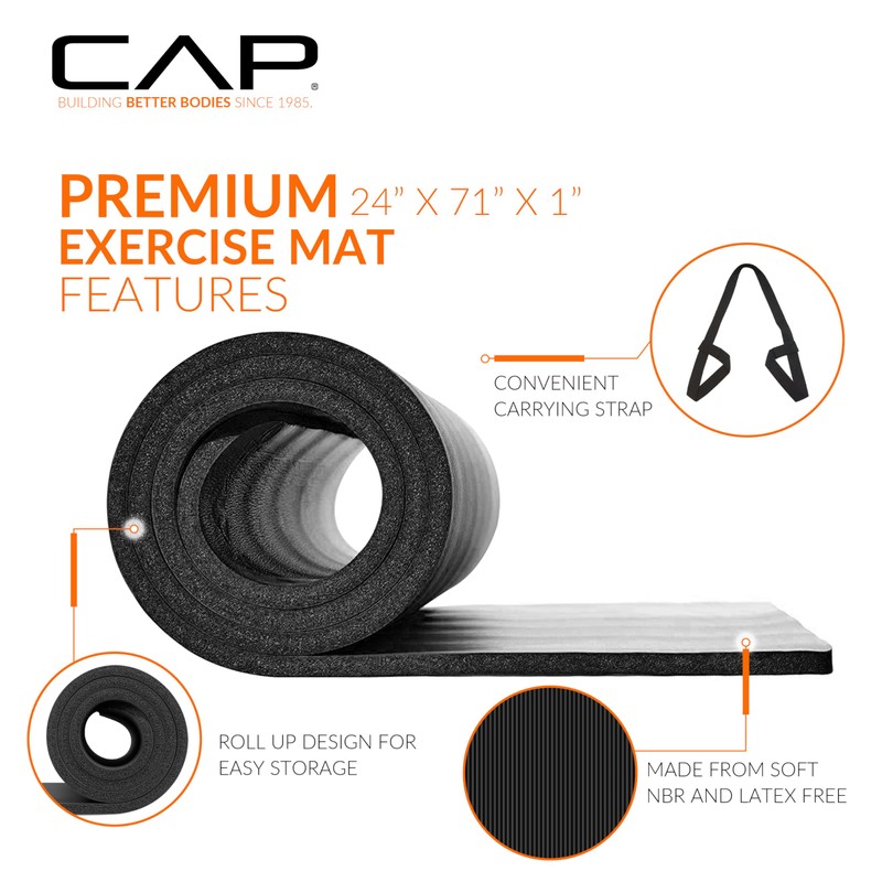 CAP Barbell Yoga Mat 1" Thick with Carrying Strap -