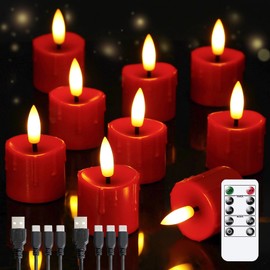 Yeelida Rechargeable Flameless 1.6" x2.5" Tea Light Candles with Remote & Type-C Charging Cable, Timer LED Flickering Red Plastic 9pcs Mini Dripping Wax Votive Tealight Candles