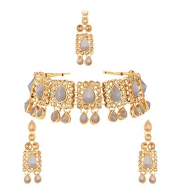 Efulgenz Indian Jewelry Kundan Crystal Choker Necklace Earrings Maang Tikka Head Chain Bollywood Wedding Bridal Set, Metal crystal Rhinestone, not known