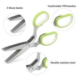 KISUOMAOYI Herb Scissors,Kitchen Scissors Multifunctional 5 Blade Kitchen,Scissors with Lid and Cleanup Comb,Stainless Steel Shears for Chopping Chives and Parsley（Green&White）
