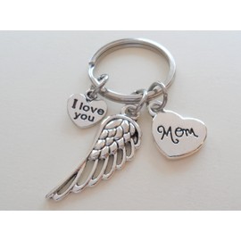 Memorial Keychain, Wing Charm and Heart Charm and I Love You Charm; My Guardian Angel Keychain (With Mom Heart)