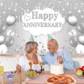 Silver Anniversary Banner Decorations, 10th 15th 25th 30th 60th Wedding Anniversary Decorations Decor Poster Photography for Backdrop, Happy Anniversary Party Supplies, 70.9x43.3 inches