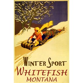 Whitefish Montana Winter Sport Family Fun Sledding Down Snow Hills Toboggan Bobsled 20" X 30" Image Size Vintage Poster Repro on Matte Paper. DUNE15WHITEFISH