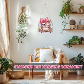 MEIYUDA Owl Diamond Painting Hanging Kit, 5D Owl Diamond Art Window Ornament for Adults, Cute Animals Special Shape Rhinestone Acrylic Pendant for Home Garden Wall Decor Gift