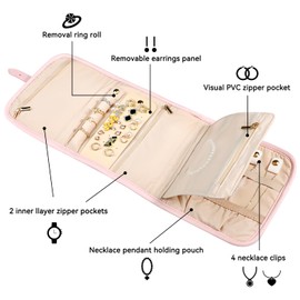 Voova Travel Jewelry Holder Organizer Case, Small Jewelry Storage Bag for Women Girls, Foldable Traveling Jewellery Pouch Roll for Necklaces Rings Earrings Bracelets, Mini, Light Pink